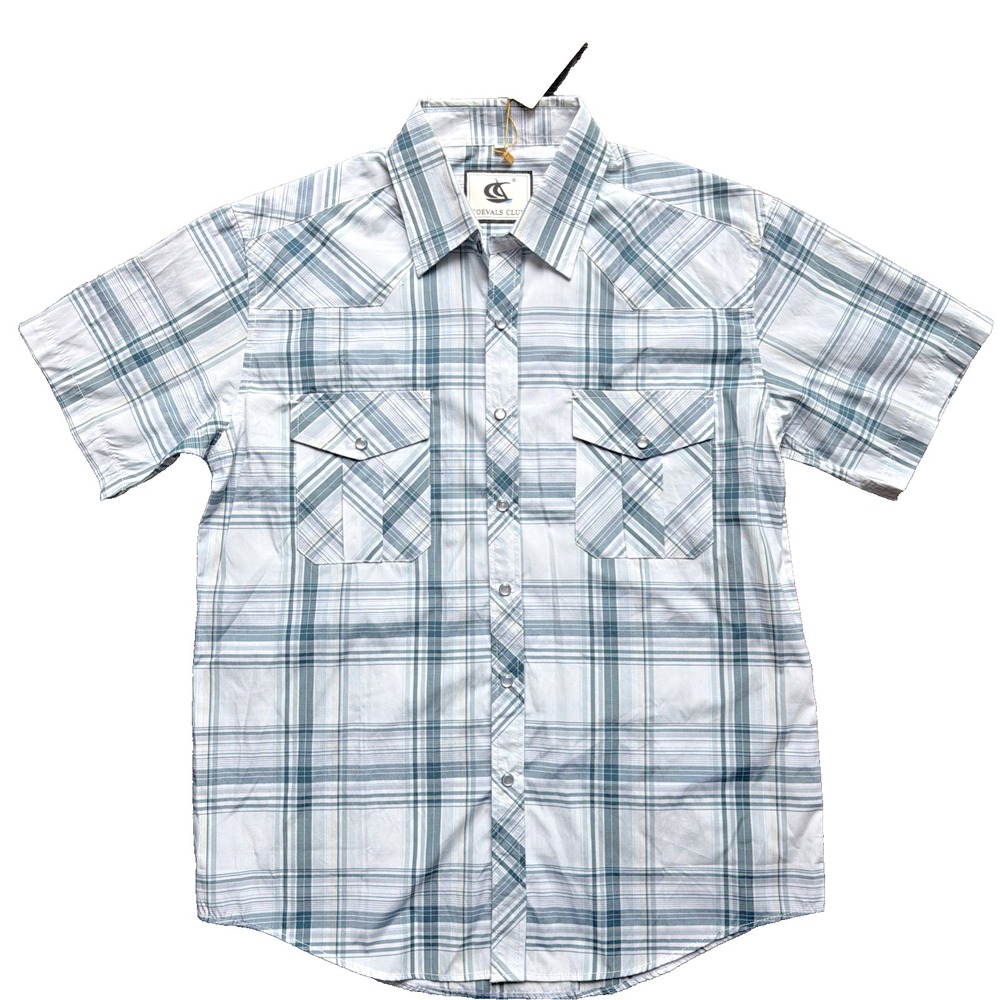 Coevals Club NWT Western Shirt Mens M White Plaid Short Sleeve Pearl Snap Cowboy